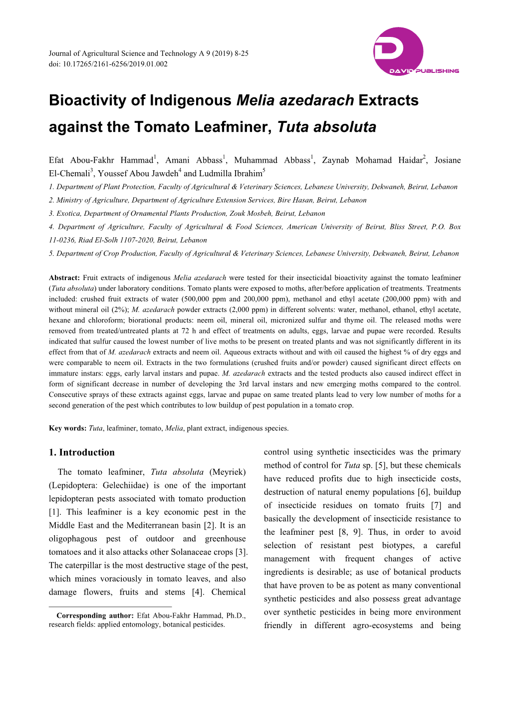 Bioactivity of Indigenous Melia Azedarach Extracts Against the Tomato Leafminer, Tuta Absoluta