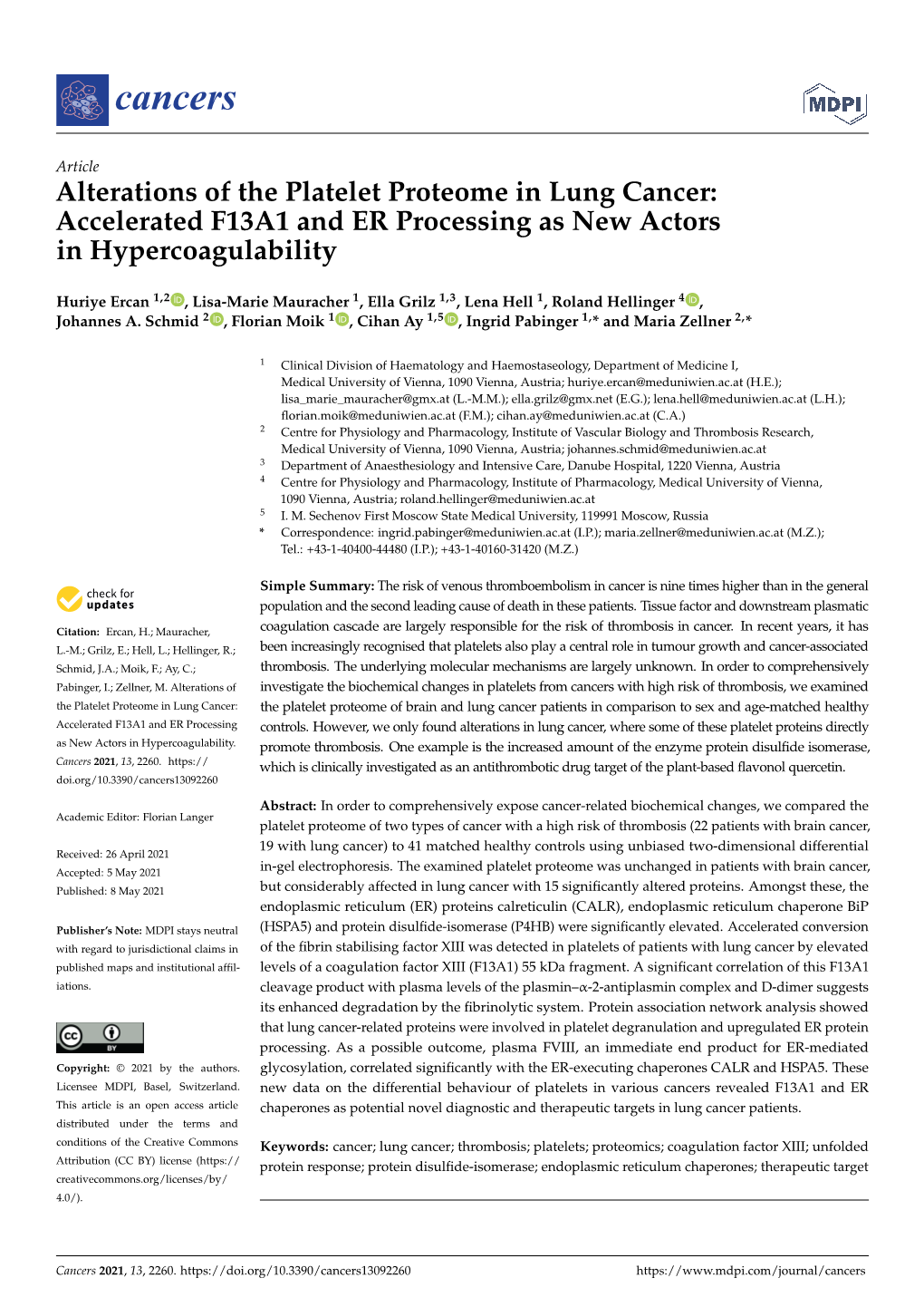 Alterations of the Platelet Proteome in Lung Cancer: Accelerated F13A1 and ER Processing As New Actors in Hypercoagulability