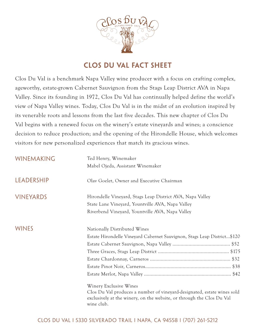 Clos Du Val Fact Sheet