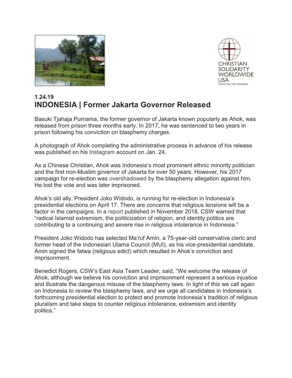 INDONESIA | Former Jakarta Governor Released