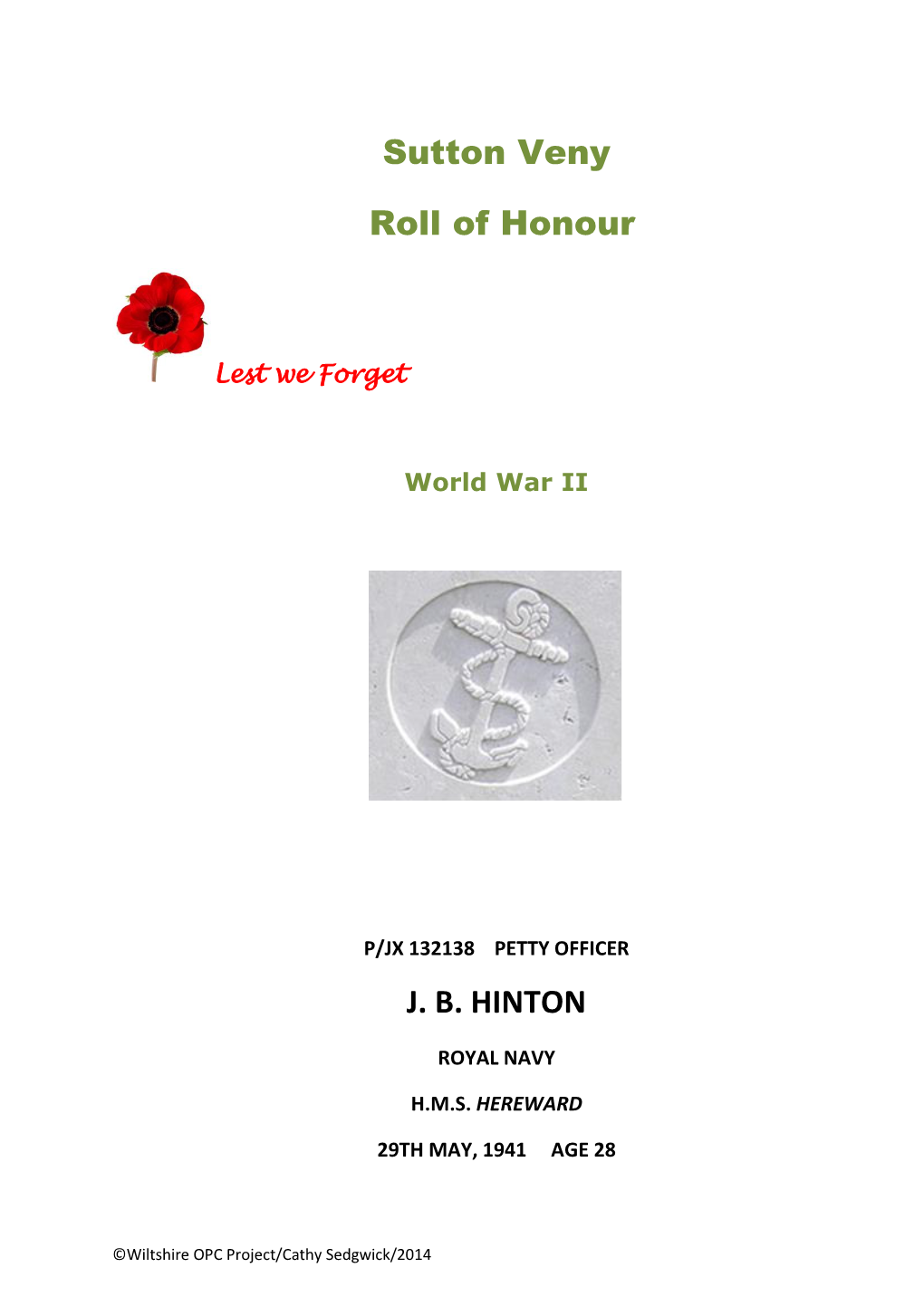 Sutton Veny Roll of Honour J. B. HINTON
