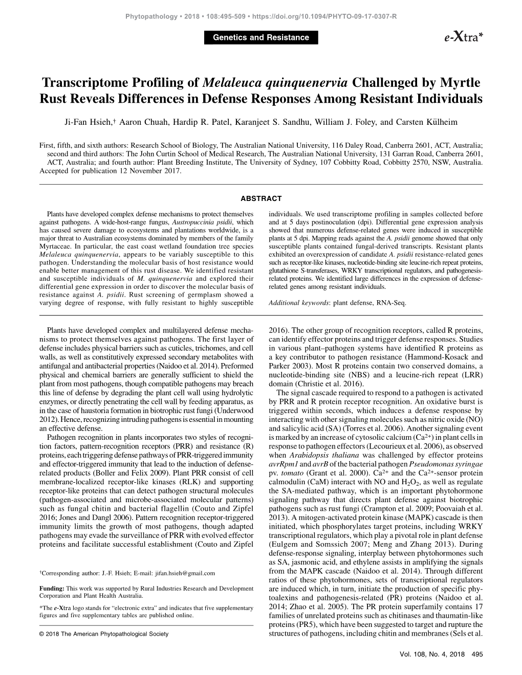 Transcriptome Profiling of Melaleuca Quinquenervia Challenged by Myrtle Rust Reveals Differences in Defense Responses Among Resistant Individuals