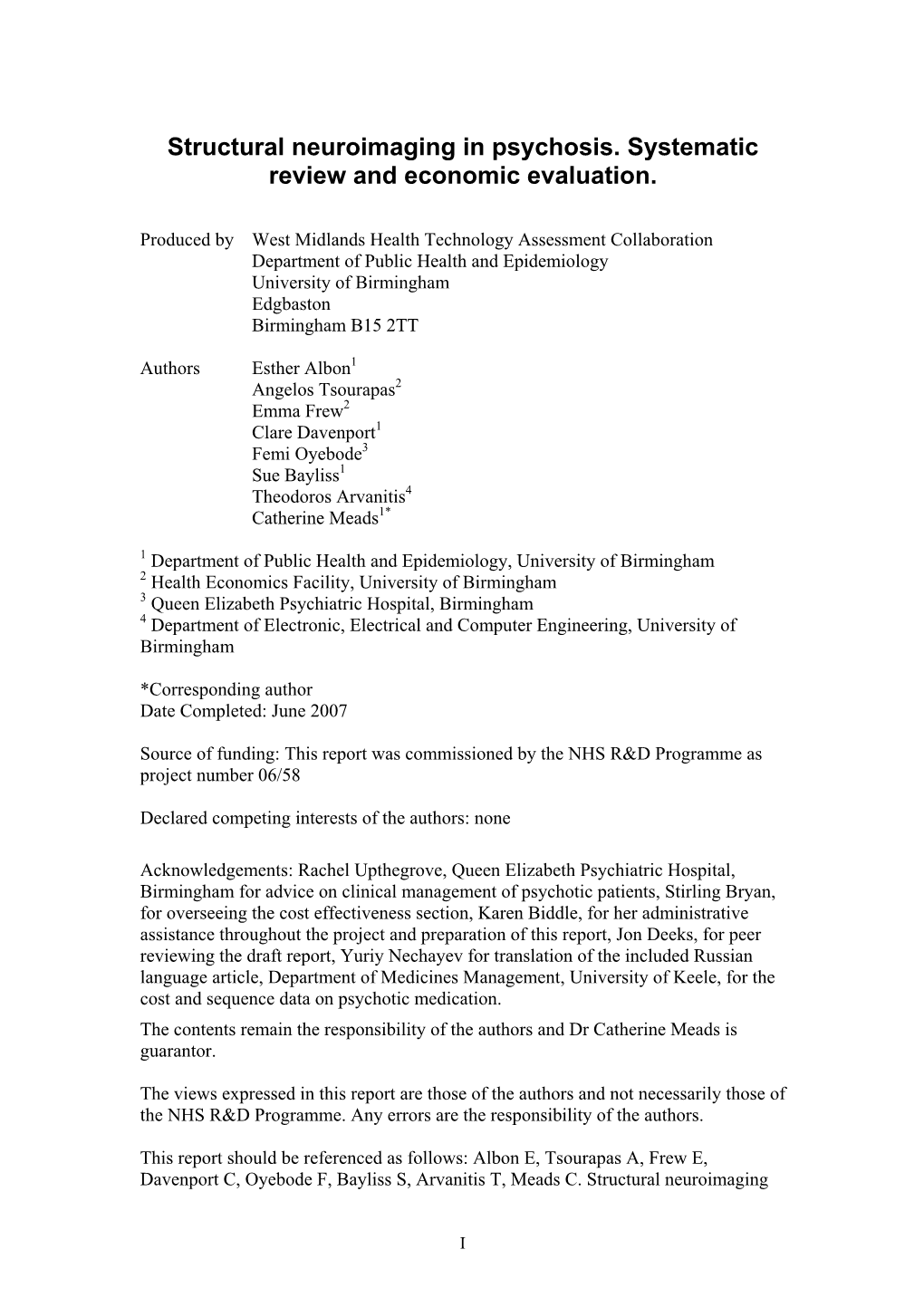 Structural Neuroimaging in Psychosis. Systematic Review and Economic Evaluation