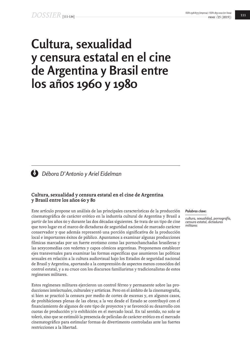 Cultura, Sexualidad Y Censura Estatal En El Cine De Argentina Y Brasil Entre Los Años 1960 Y 1980