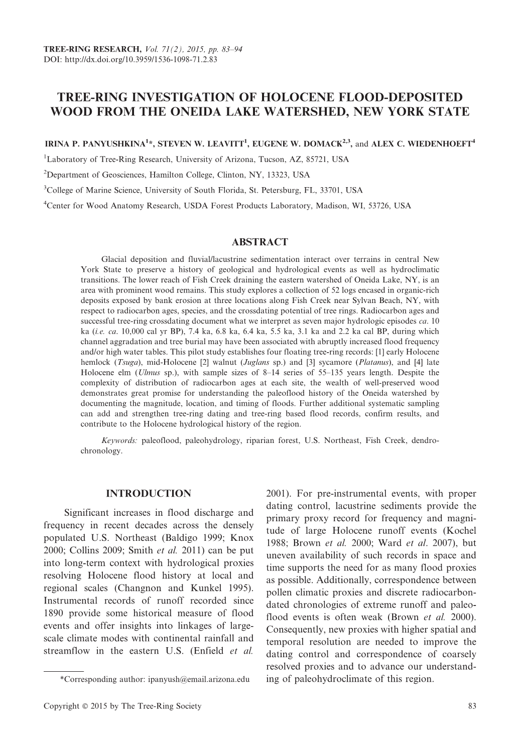 Tree-Ring Investigation of Holocene Flood-Deposited Wood from the Oneida Lake Watershed, New York State