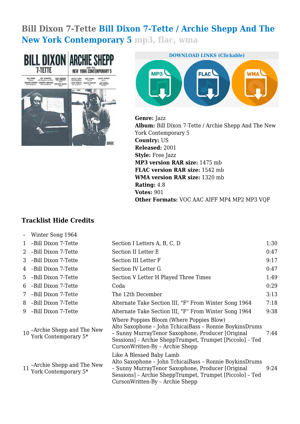 Bill Dixon 7-Tette / Archie Shepp and the New York Contemporary 5 Mp3, Flac, Wma