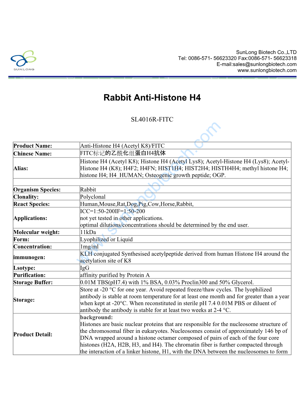 Rabbit Anti-Histone H4-SL4016R-FITC