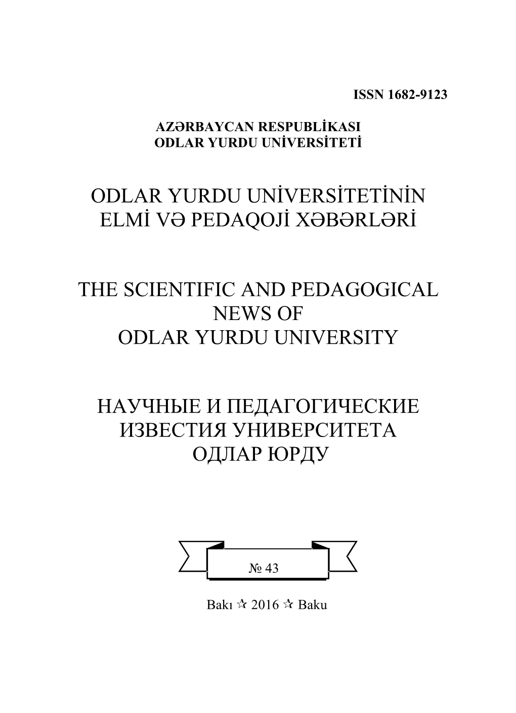 Odlar Yurdu Universitetinin Elmi Və Pedaqoji Xəbərləri the Scientific and Pedagogical News of Odlar Yurdu University