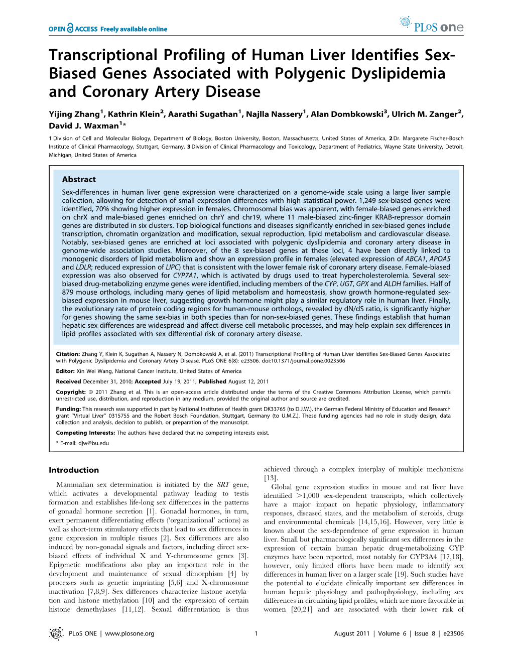 Transcriptional Profiling of Human Liver Identifies Sex- Biased Genes Associated with Polygenic Dyslipidemia and Coronary Artery Disease