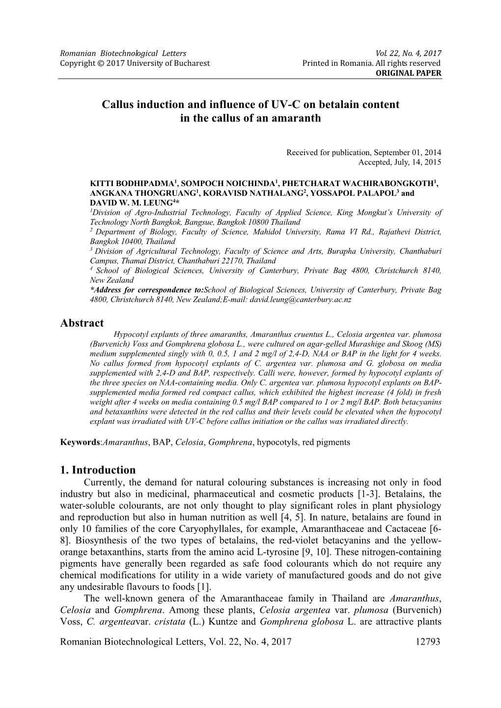 Callus Induction and Influence of UV-C on Betalain Content in the Callus of an Amaranth