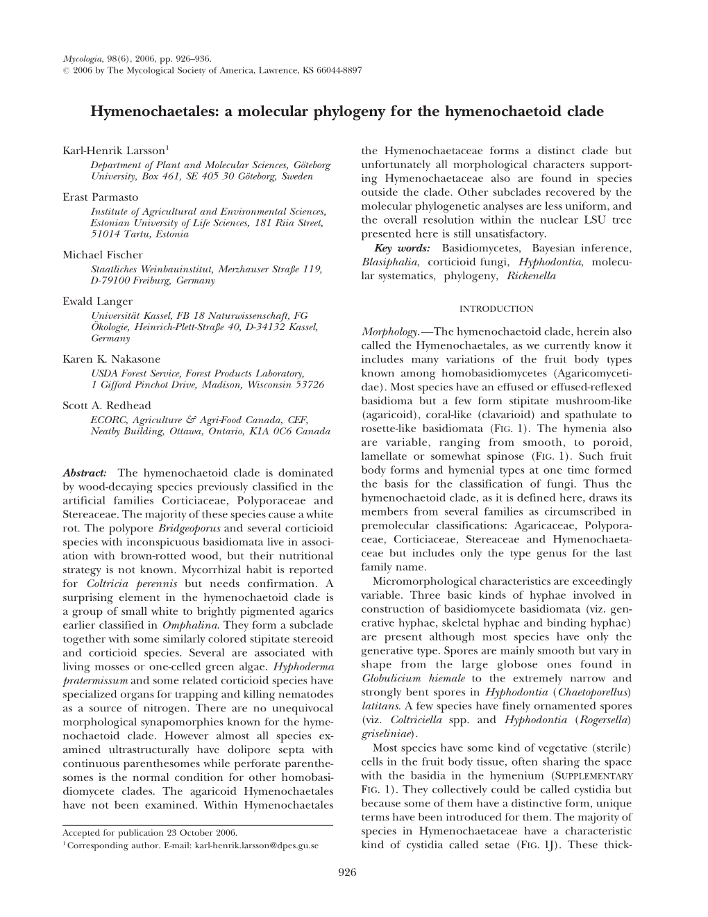 Hymenochaetales: a Molecular Phylogeny for the Hymenochaetoid Clade