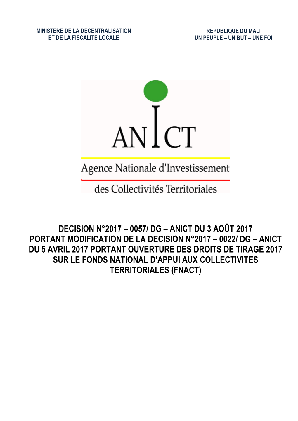 Droits De Tirage 2017 Sur Le Fonds National D’Appui Aux Collectivites Territoriales (Fnact)