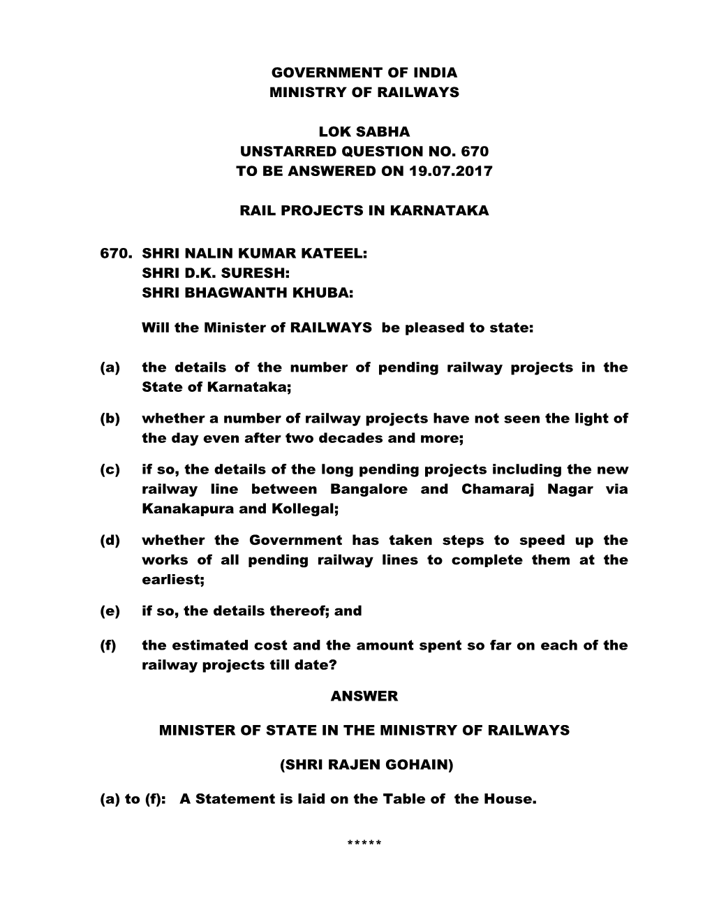 Government of India Ministry of Railways Lok Sabha