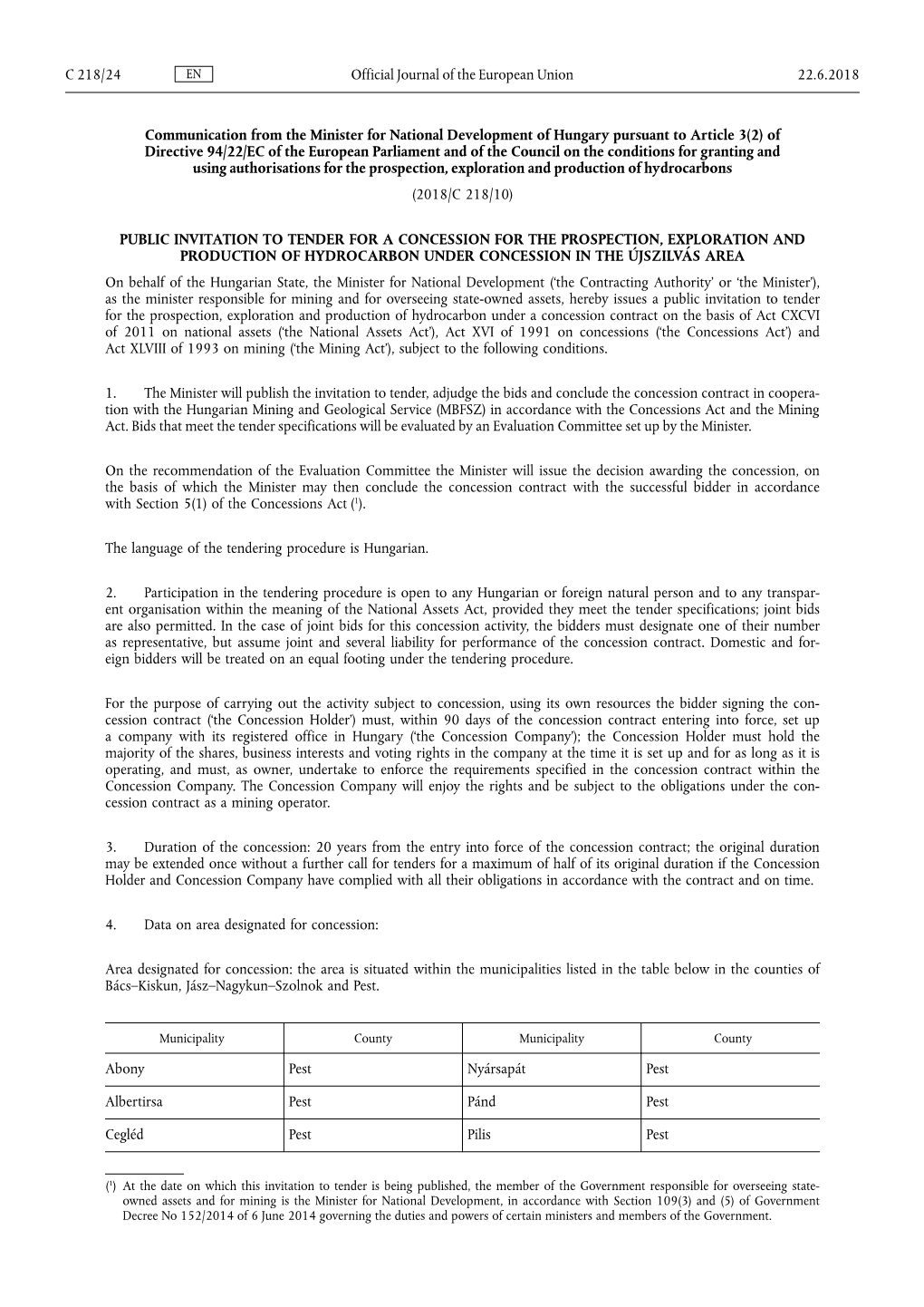 Communication from the Minister for National Development of Hungary Pursuant to Article 3(2) of Directive 94/22/EC of the Europe