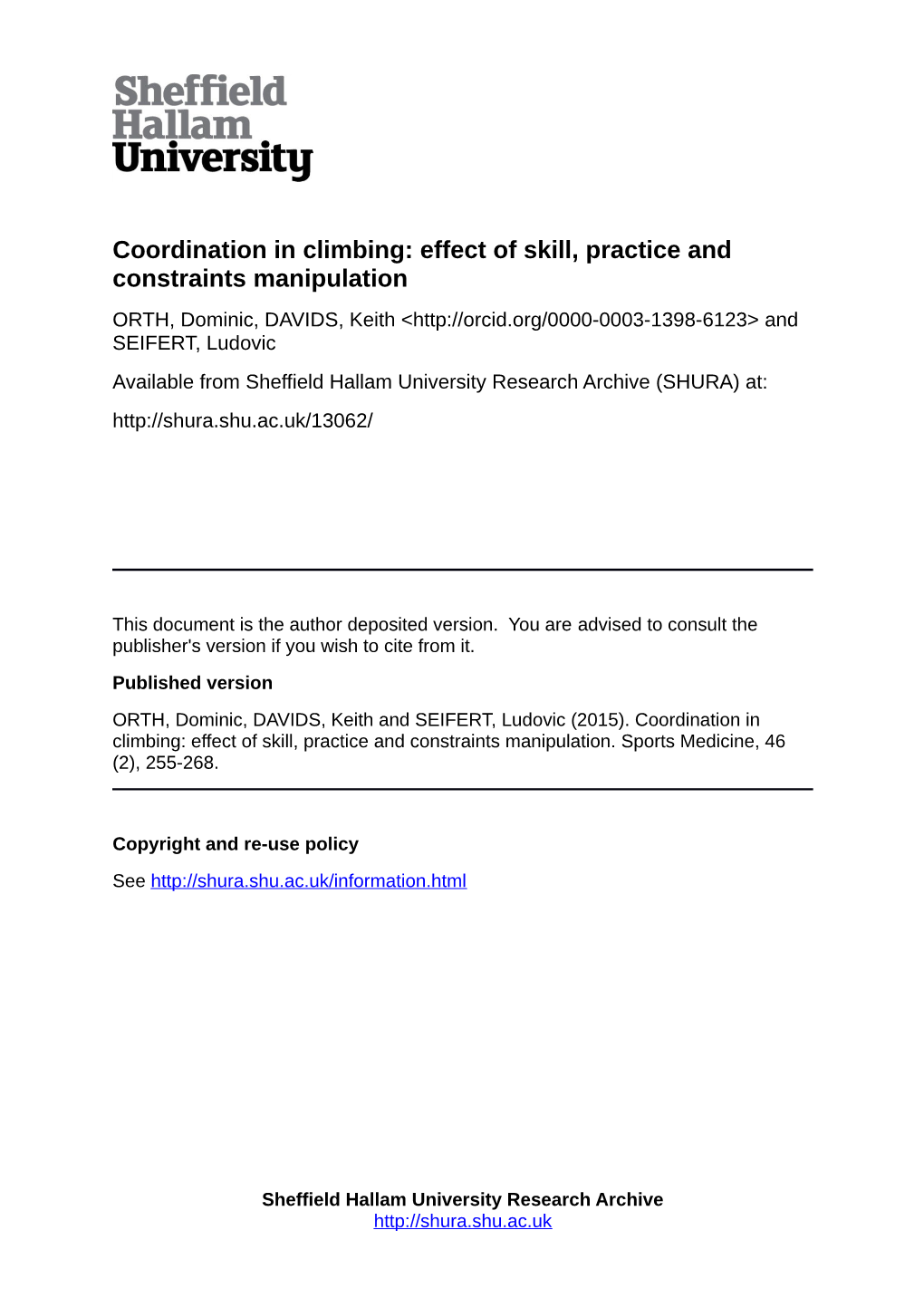 Coordination in Climbing: Effect of Skill, Practice and Constraints