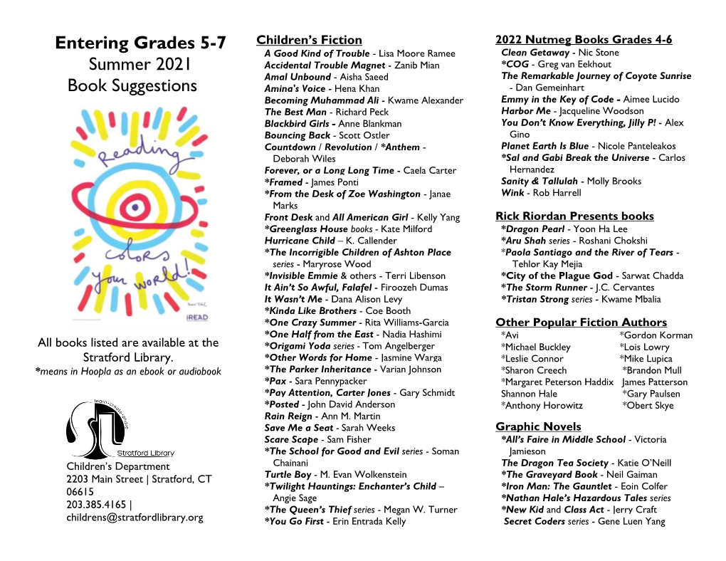 Entering Grades 5-7 Summer 2021 Book Suggestions