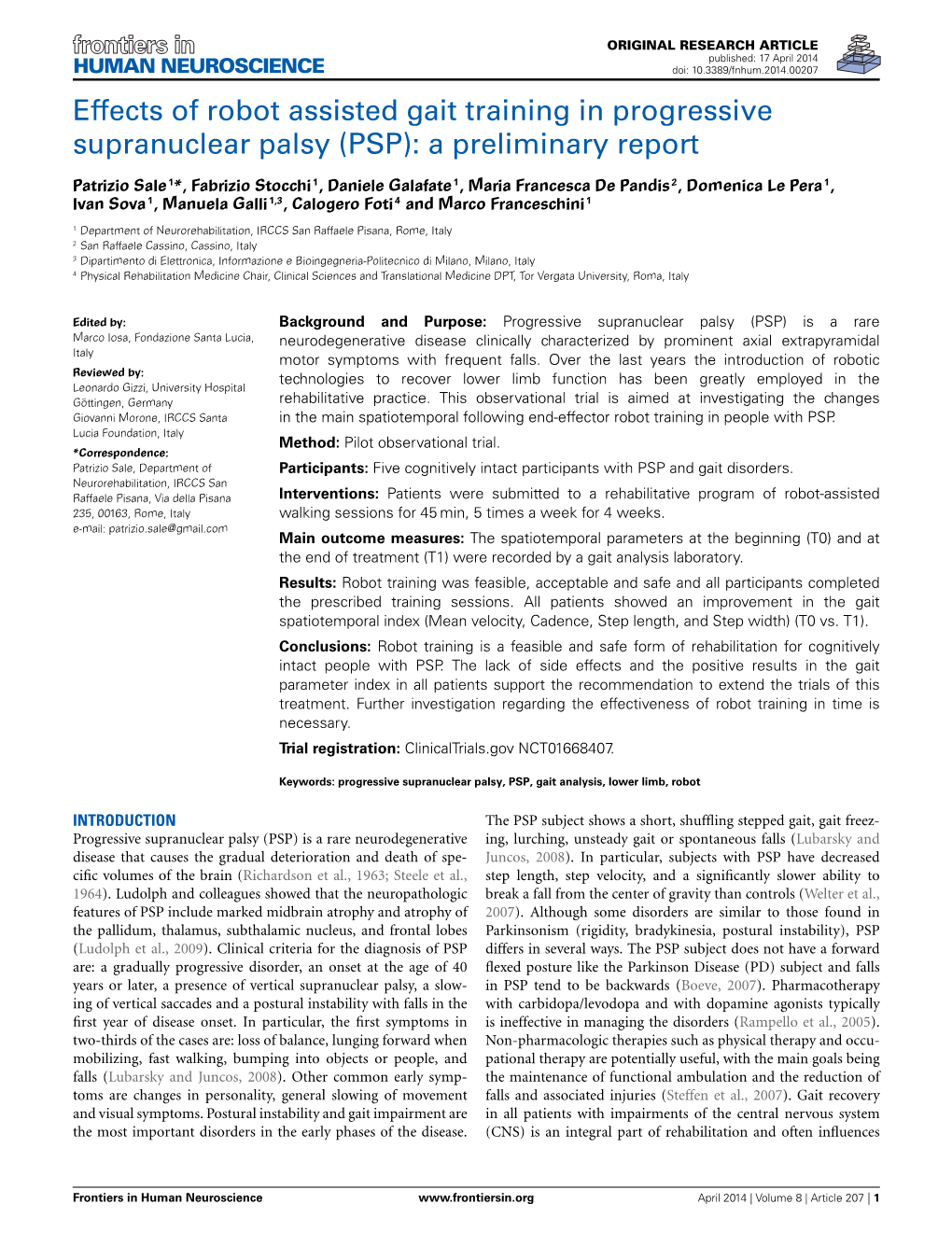 Effects of Robot Assisted Gait Training in Progressive Supranuclear Palsy (PSP): a Preliminary Report