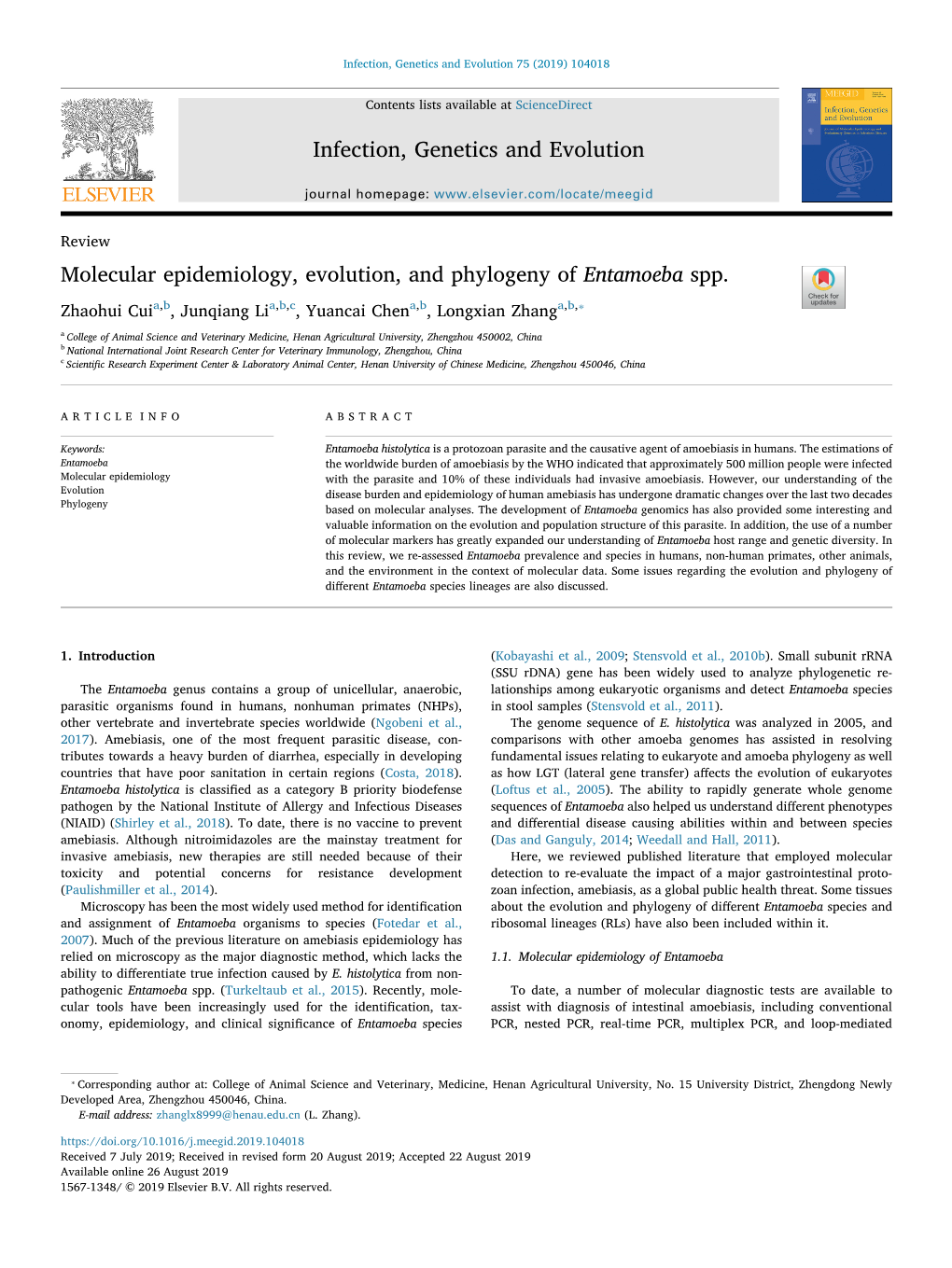 Molecular Epidemiology, Evolution, and Phylogeny of Entamoeba Spp