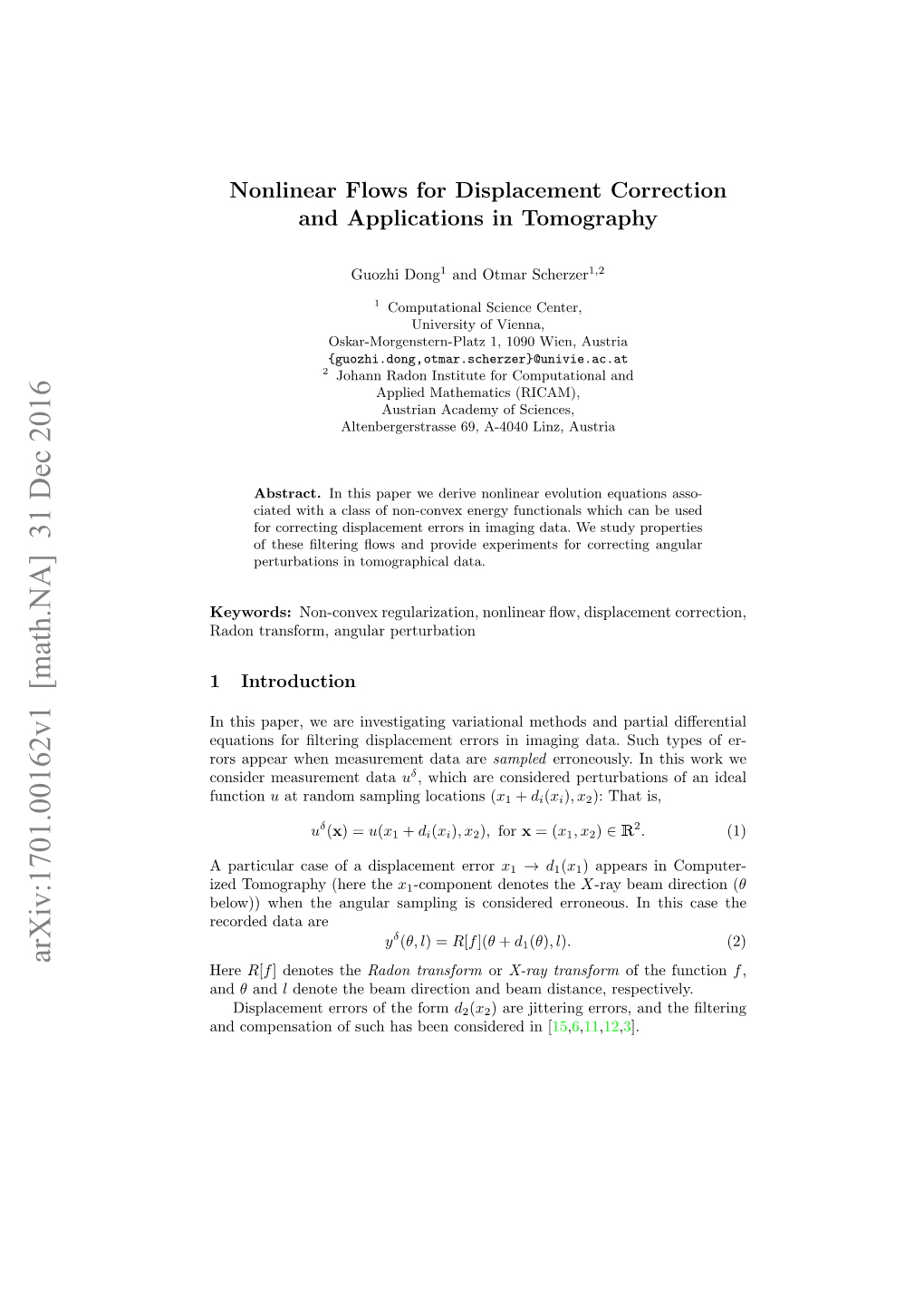 Nonlinear Flows for Displacement Correction and Applications in Tomography