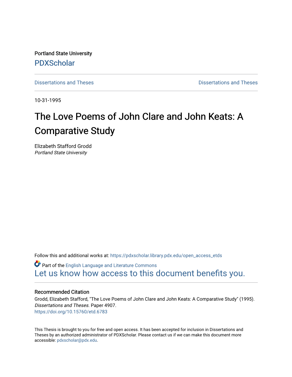 The Love Poems of John Clare and John Keats: a Comparative Study