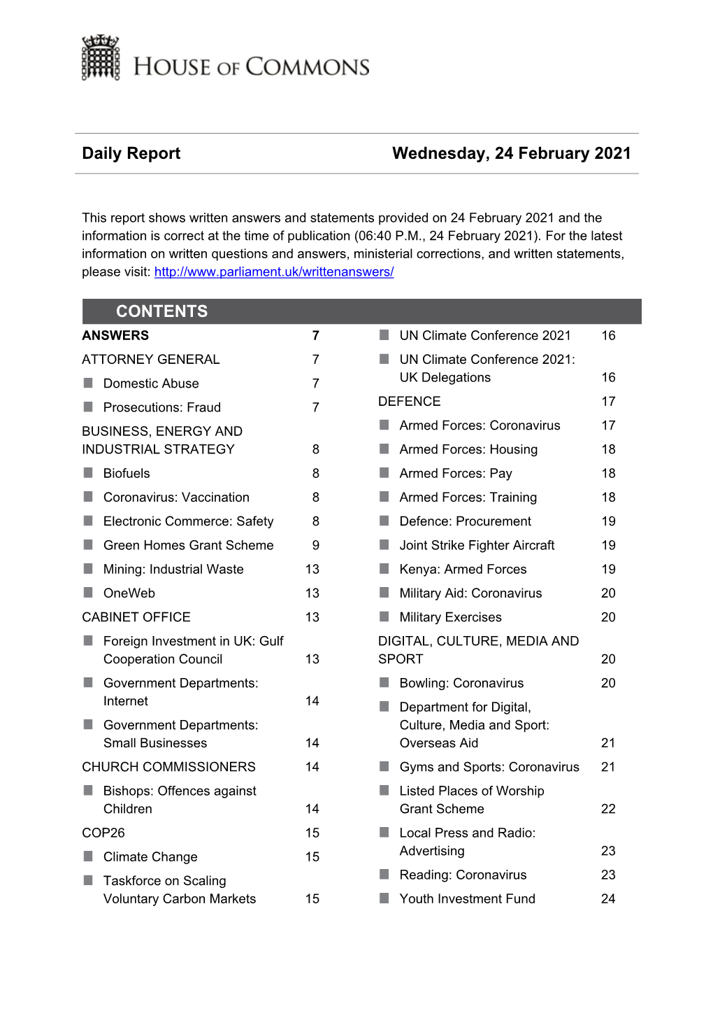 Daily Report Wednesday, 24 February 2021 CONTENTS