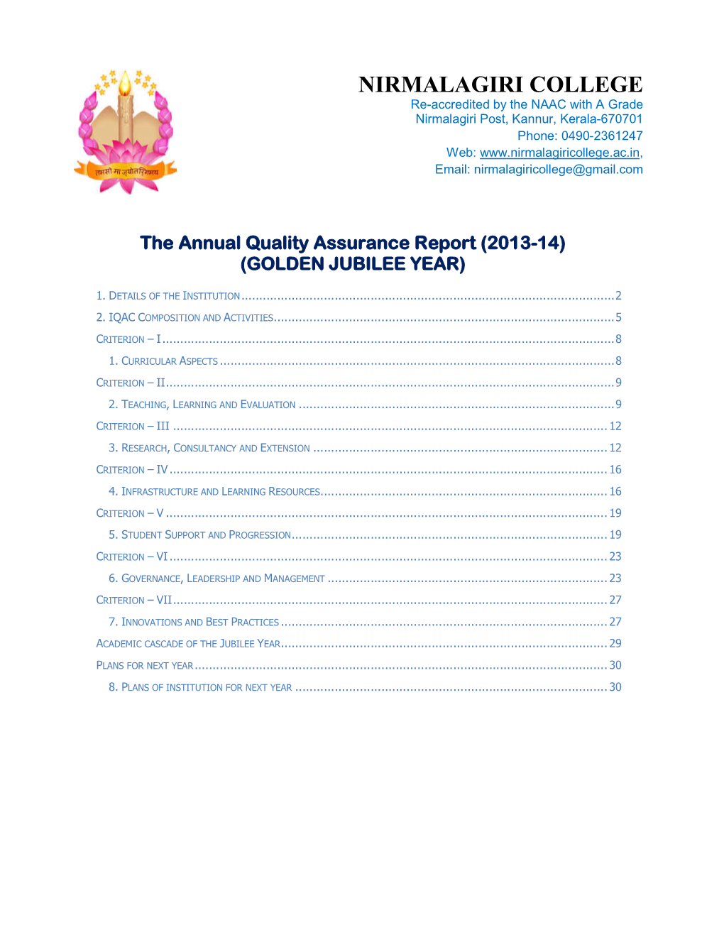 The Annual Quality Assurance Report (2013-14) (GOLDEN JUBILEE YEAR)