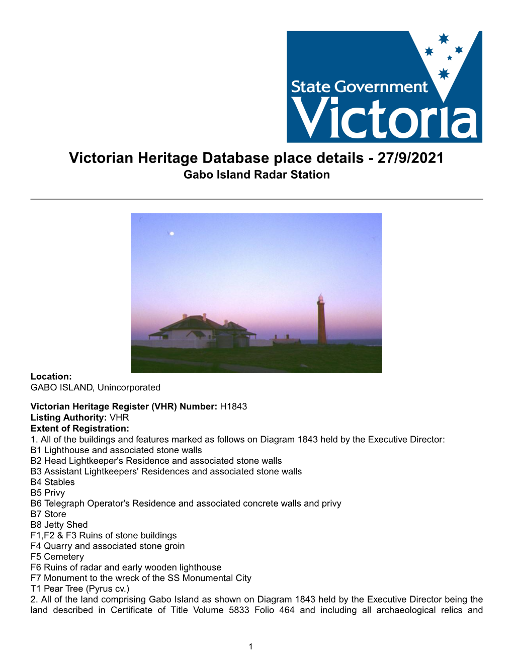 Victorian Heritage Database Place Details - 27/9/2021 Gabo Island Radar Station