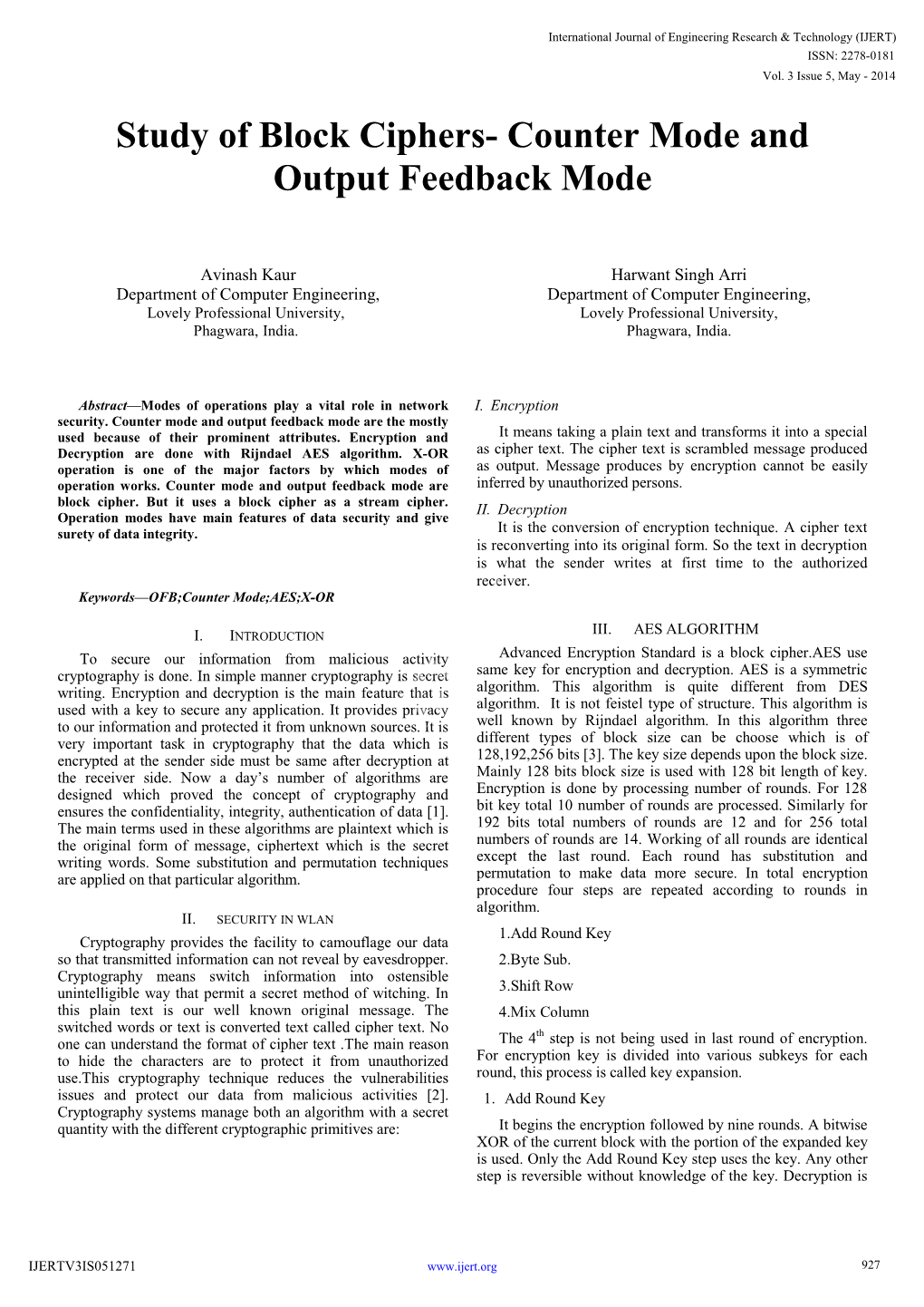 Study of Block Ciphers- Counter Mode and Output Feedback Mode