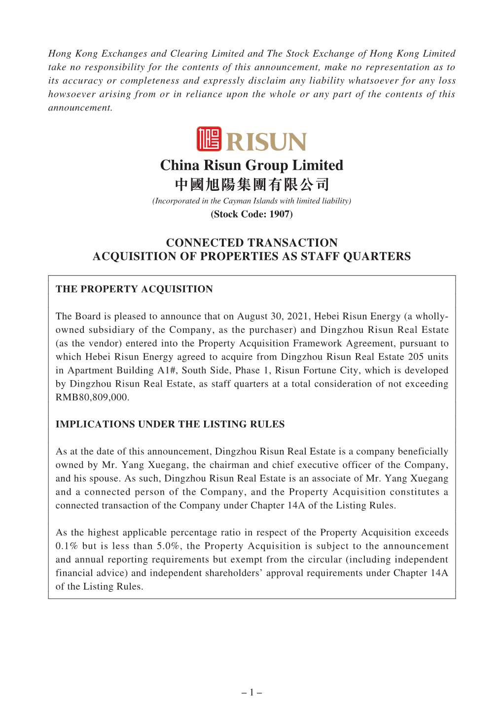 China Risun Group Limited 中國旭陽集團有限公司 (Incorporated in the Cayman Islands with Limited Liability) (Stock Code: 1907)