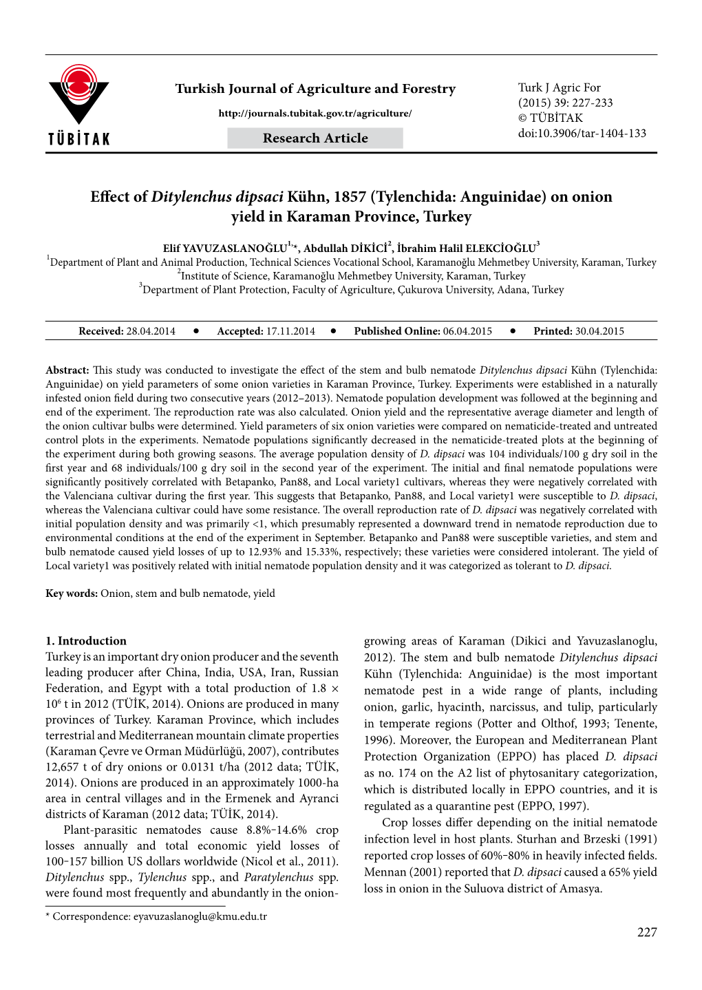 Effect of Ditylenchus Dipsaci Kühn, 1857 (Tylenchida: Anguinidae) on Onion Yield in Karaman Province, Turkey