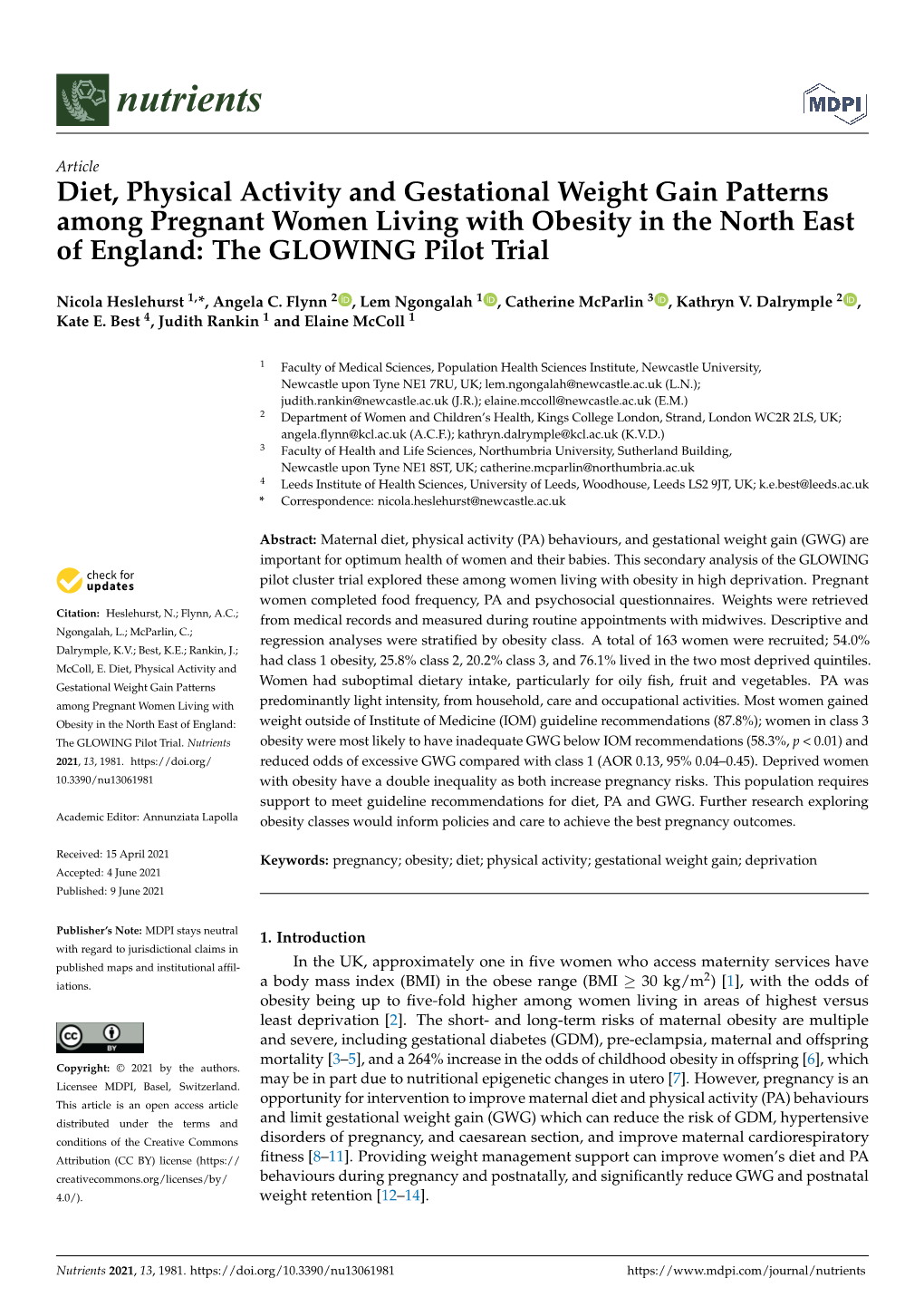 Diet, Physical Activity and Gestational Weight Gain Patterns Among Pregnant Women Living with Obesity in the North East of England: the GLOWING Pilot Trial