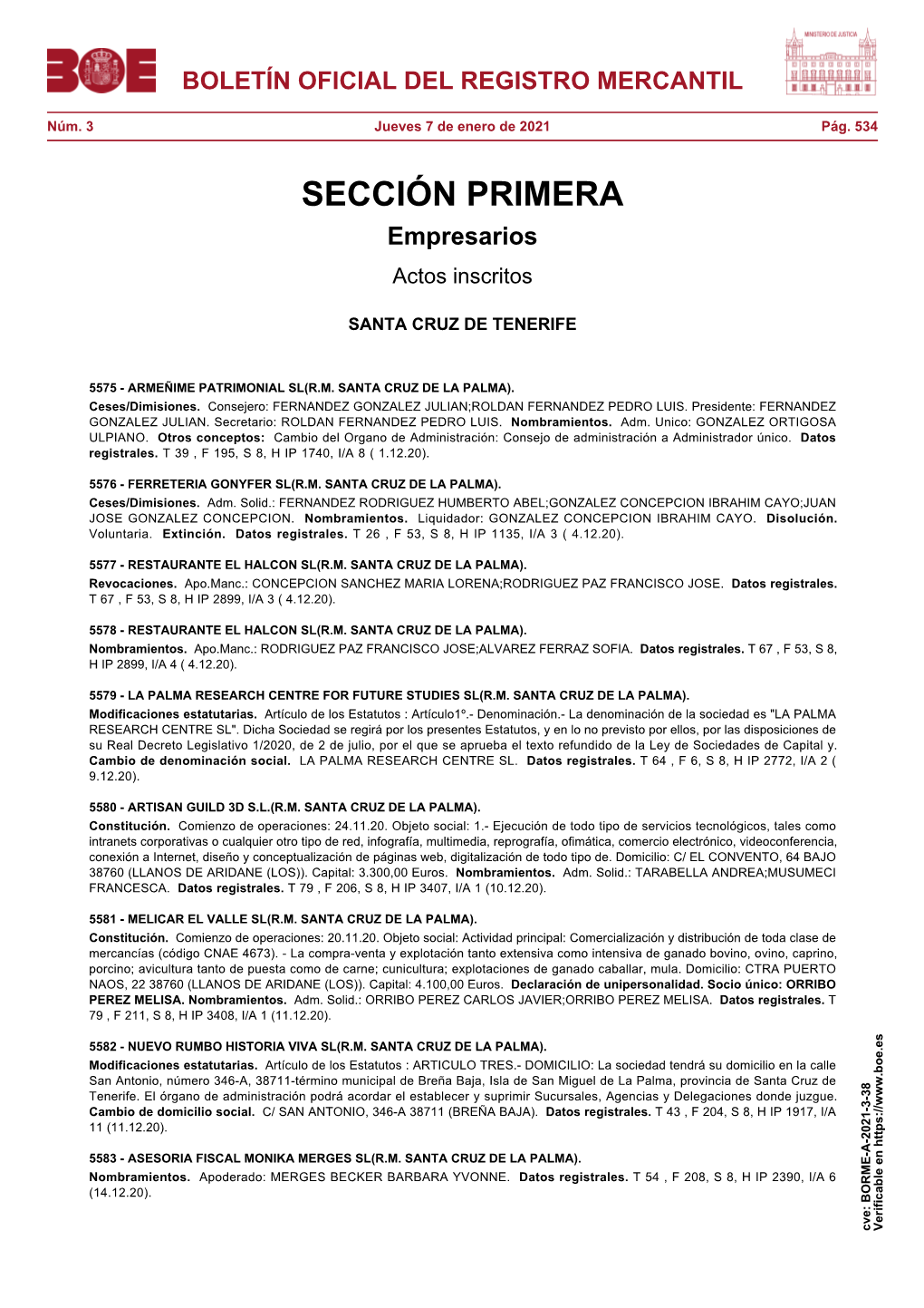 Actos De SANTA CRUZ DE TENERIFE Del BORME Núm. 3 De 2021