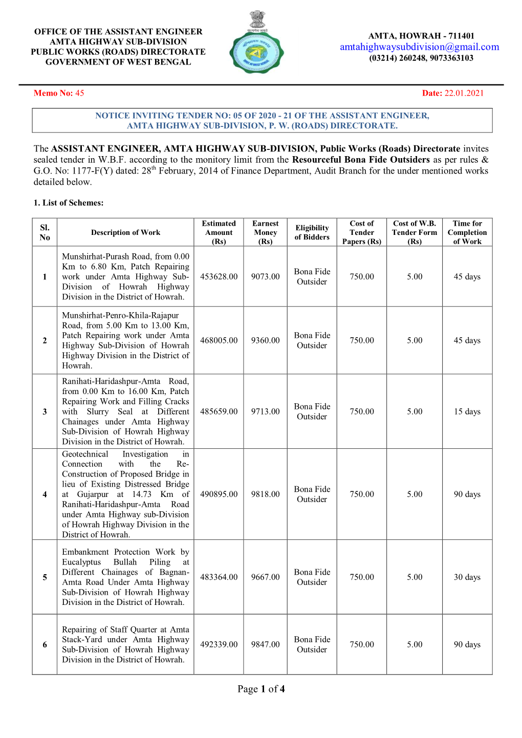 (Roads) Directorate Government of West Bengal Amta, Howrah