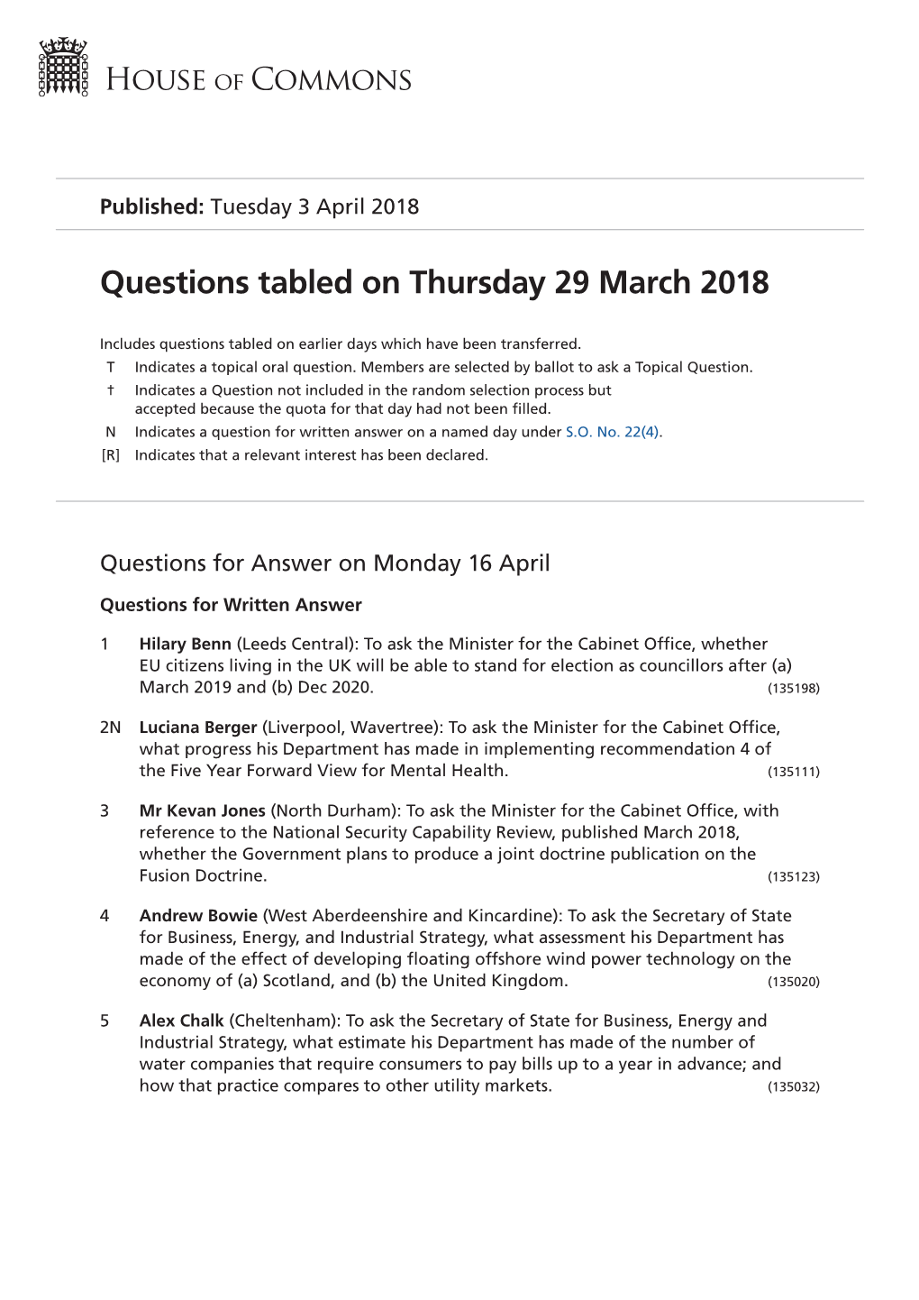 Questions Tabled on Thu 29 Mar 2018