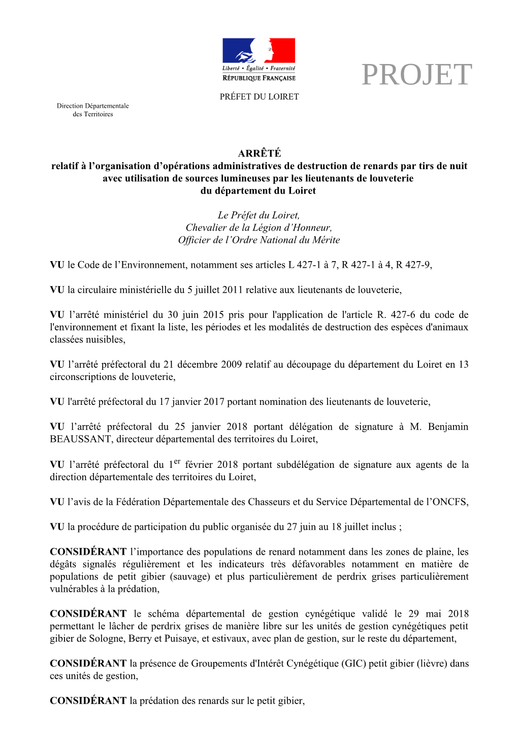 PROJET PRÉFET DU LOIRET Direction Départementale Des Territoires