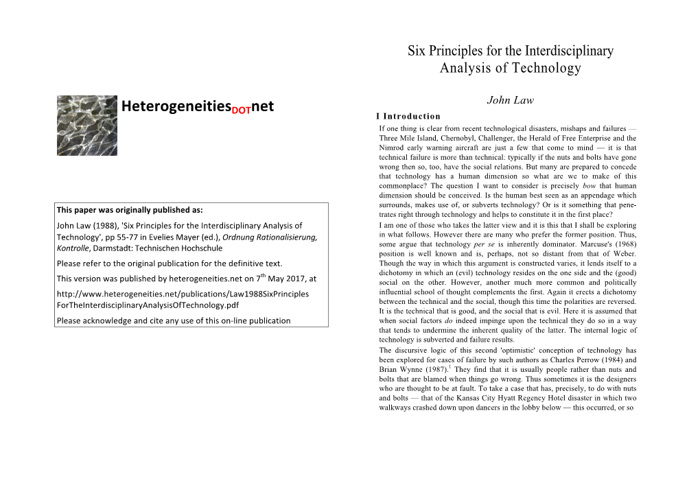 Six Principles for the Interdisciplinary Analysis of Technology