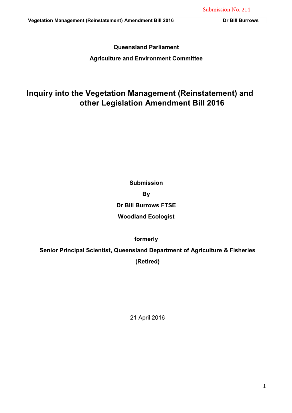 Inquiry Into the Vegetation Management (Reinstatement) and Other Legislation Amendment Bill 2016