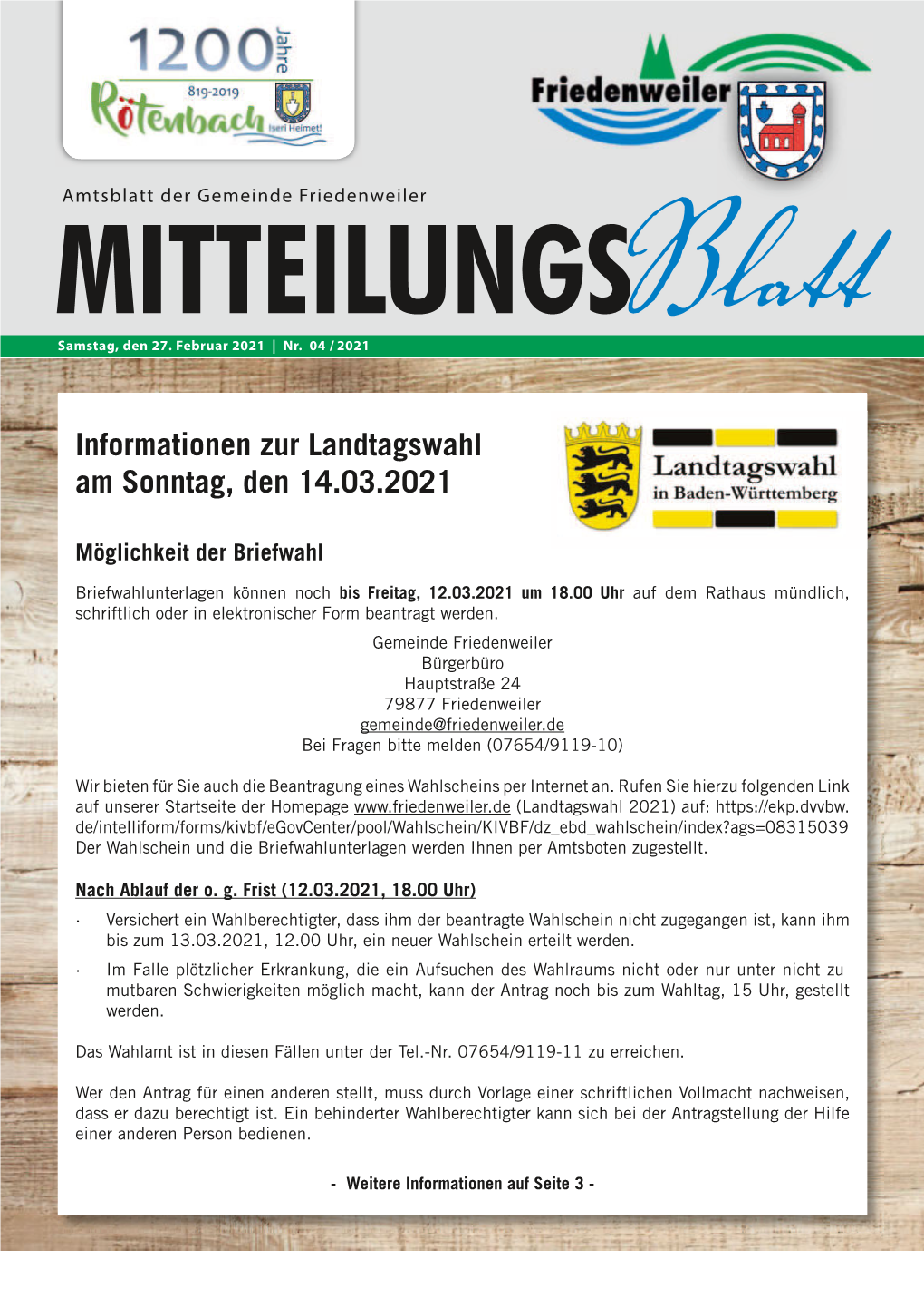 Informationen Zur Landtagswahl Am Sonntag, Den 14.03.2021