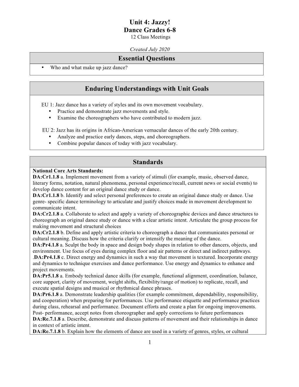 Unit 4: Jazzy! Dance Grades 6-8 12 Class Meetings