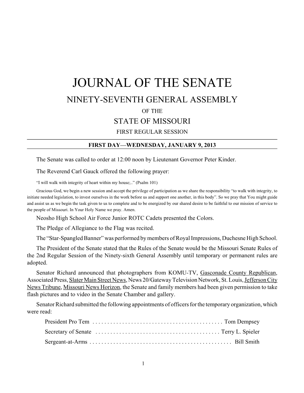 Journal of the Senate Ninety-Seventh General Assembly of the State of Missouri First Regular Session