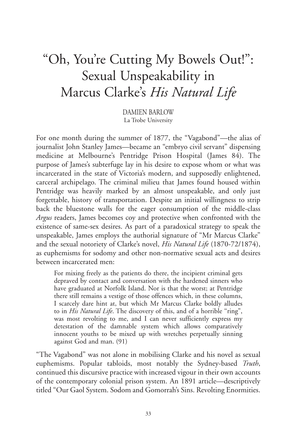 Sexual Unspeakability in Marcus Clarke's His Natural Life