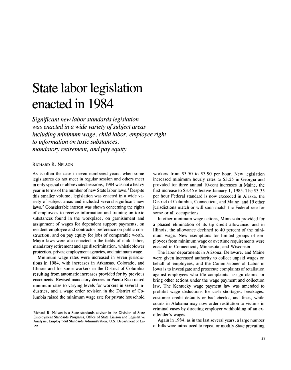State Labor Legislation Enacted in 1984