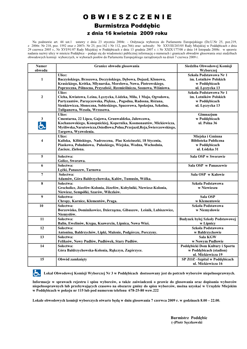 O B W I E S Z C Z E N I E Burmistrza Poddębic Z Dnia 16 Kwietnia 2009 Roku