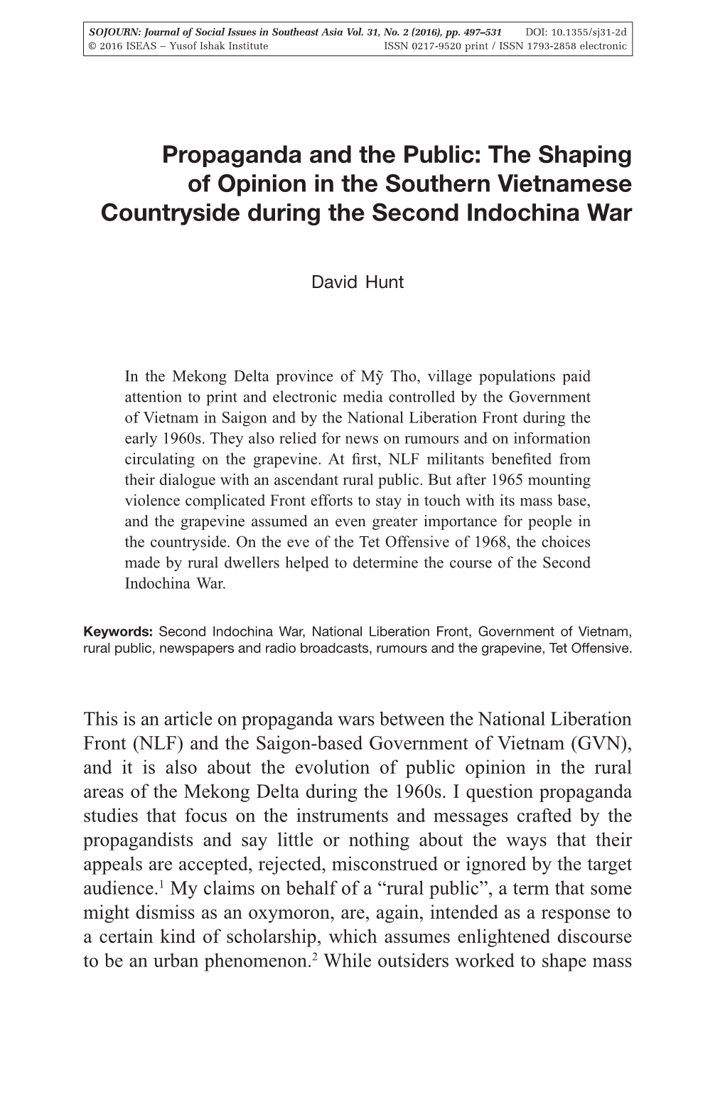Propaganda and the Public: the Shaping of Opinion in the Southern Vietnamese Countryside During the Second Indochina War
