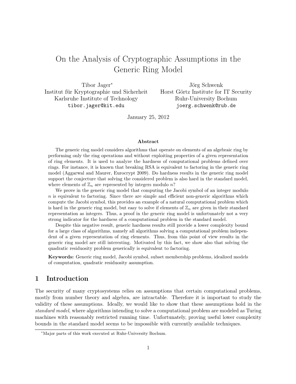 On the Analysis of Cryptographic Assumptions in the Generic Ring Model