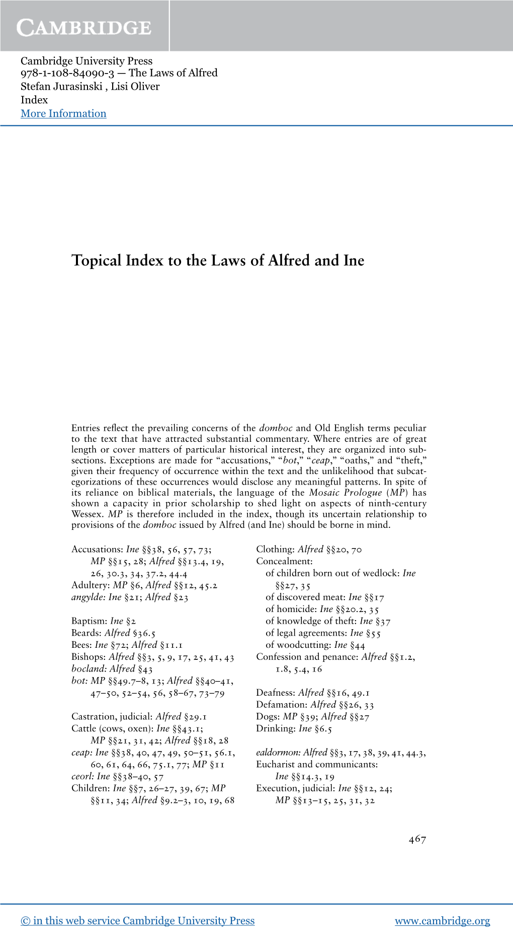 Topical Index to the Laws of Alfred and Ine