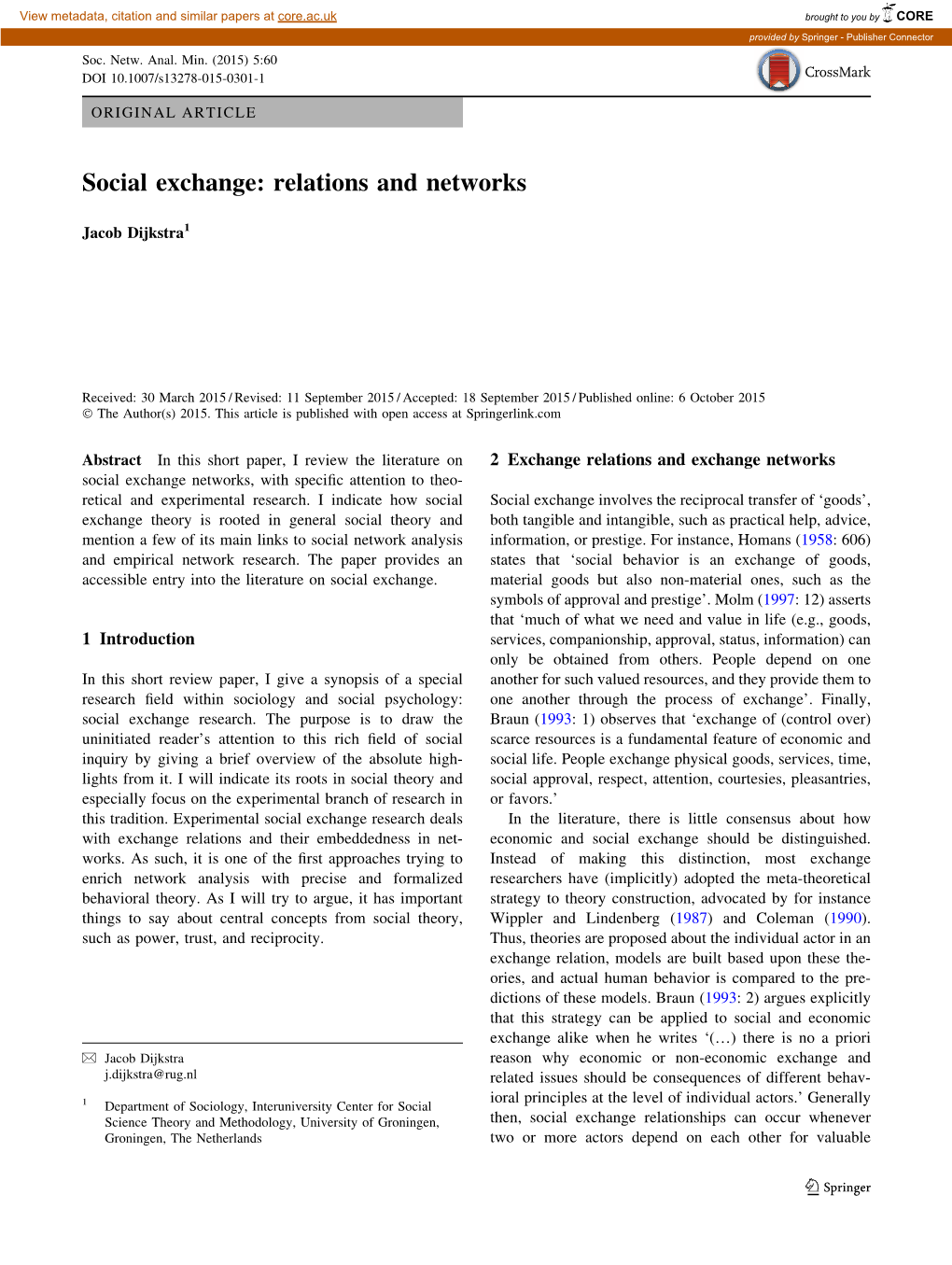 Social Exchange: Relations and Networks