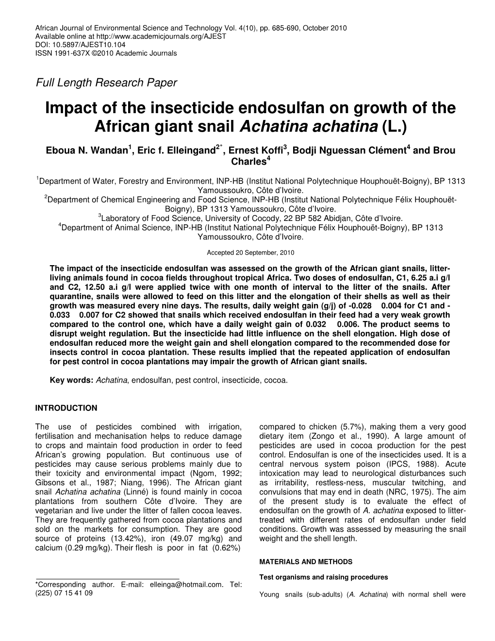 Impact of the Insecticide Endosulfan on Growth of the African Giant Snail Achatina Achatina (L.)