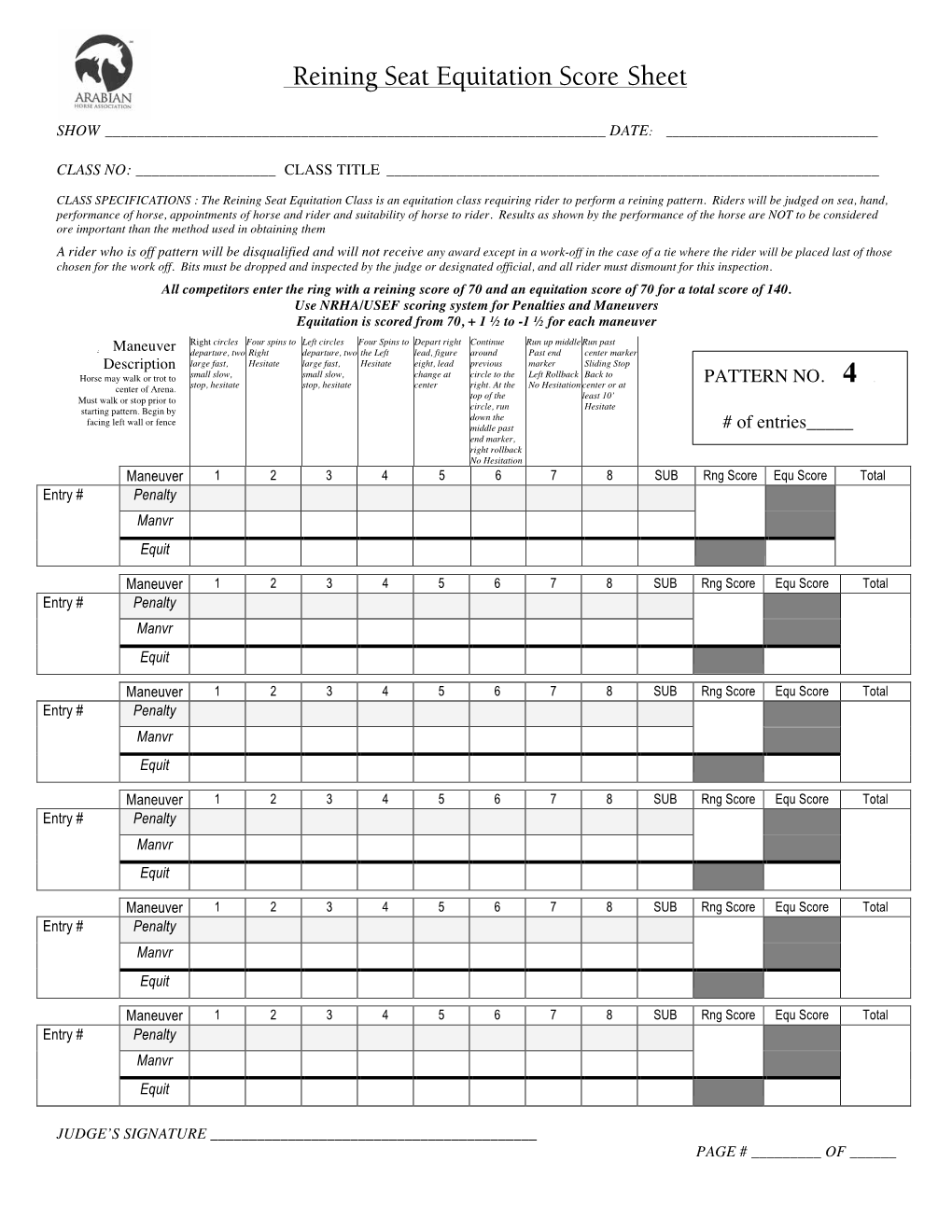 Reining Equitation Score Sheet