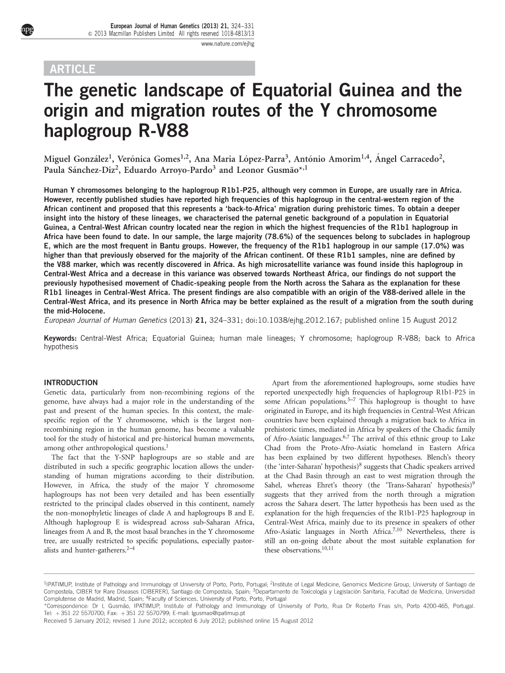 The Genetic Landscape of Equatorial Guinea and the Origin and Migration Routes of the Y Chromosome Haplogroup R-V88